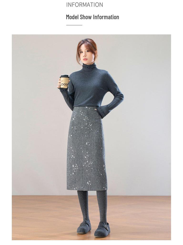 2025 Winter Elegant High-Waist Mid-Length Sequin Wool Slit Skirt for Women