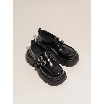Double Buckle Belt Leather Loafers Women's Spring 2024 New Small Thick Sole Height Increase Versatile British Small Leather Shoes