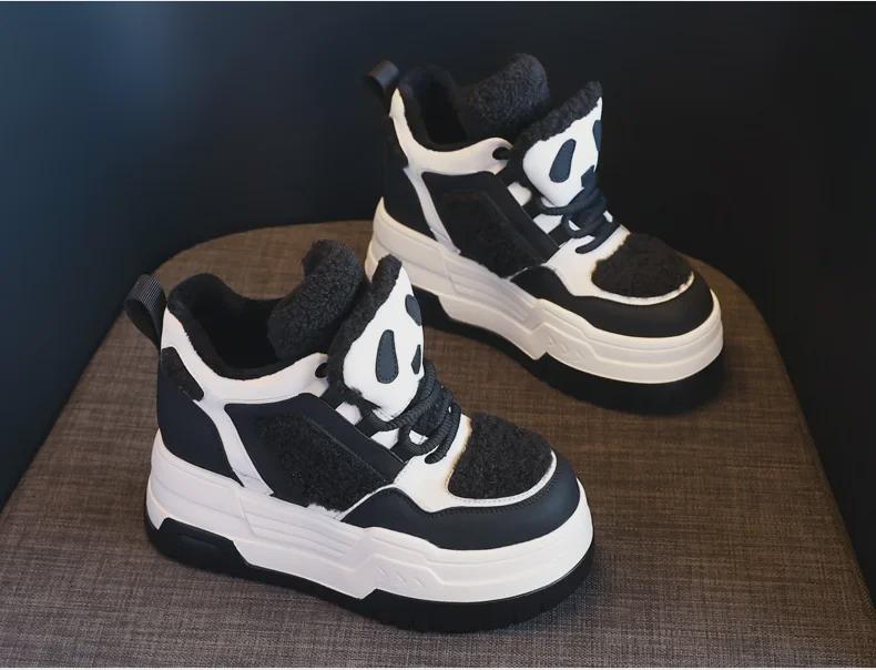 Women's 2023 Winter Thick-Soled High-Top Panda Shoes with Plush Lining and Hidden Lift
