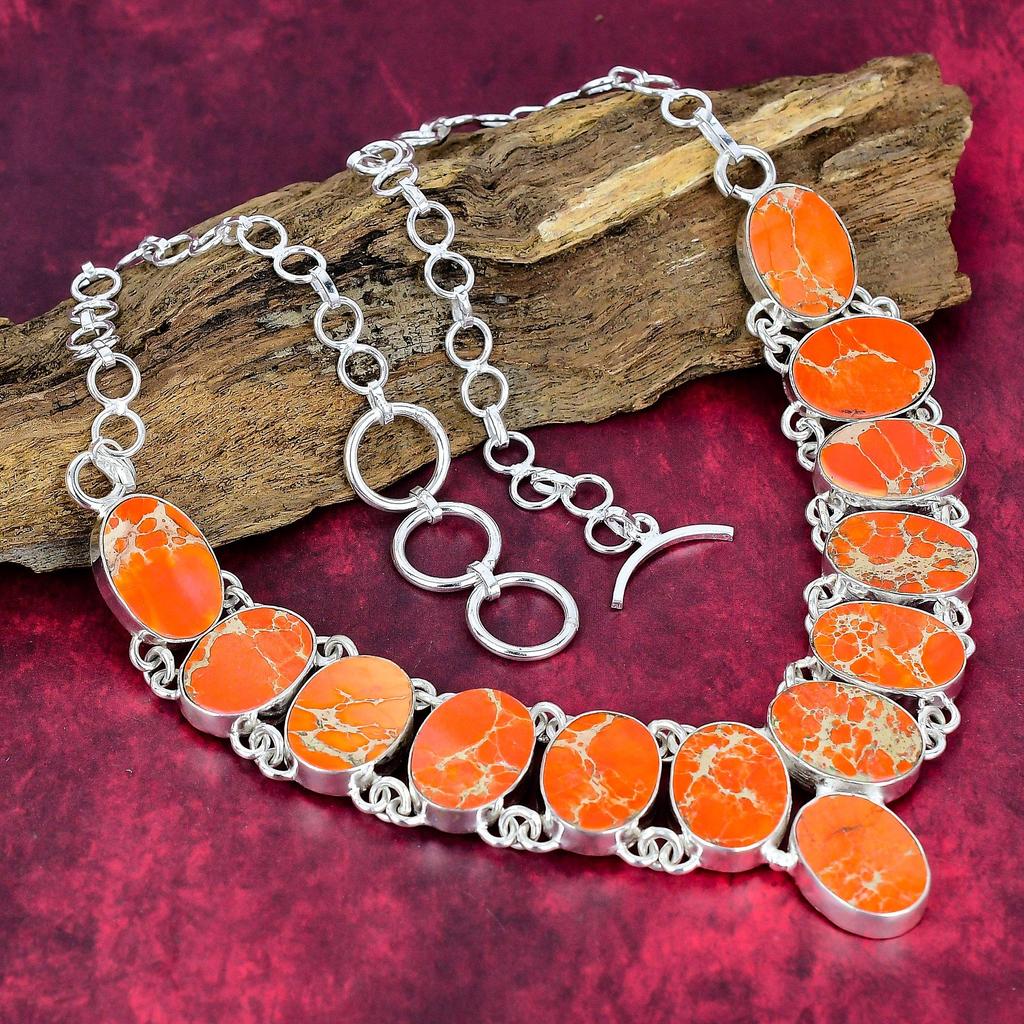 Orange Sea Sediment 925 Solid Sterling Silver Necklace with Adjustable Chain, Handmade Gemstone Jewelry Necklace For Memorial Day