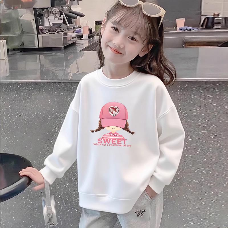 White Cotton Long-Sleeve Girls' Sweatshirt - Stylish and Versatile for Spring & Autumn