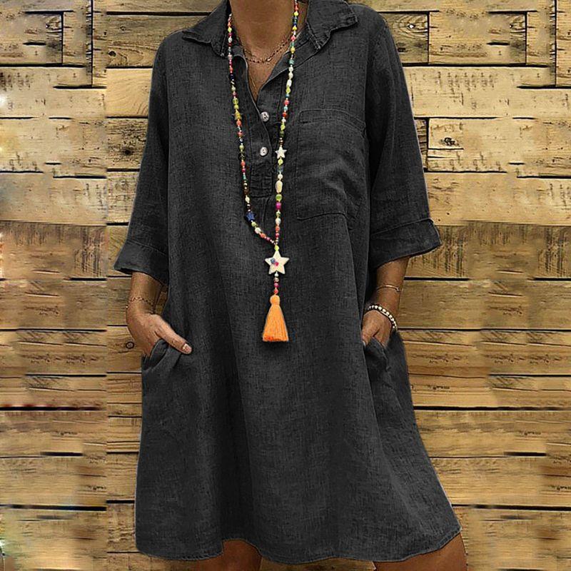 

Solid Color Lapel Long Sleeved Dress Solid Color Polo Collar Loose Button Dress Female Black 2XL