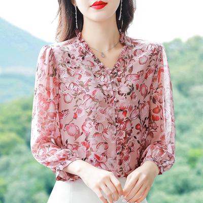 Chiffon Floral Shirt Women Spring Summer Mother's Loose Fitting Casual Bottoming Blouse Fashion Quarter Sleeve V Neck Print Top