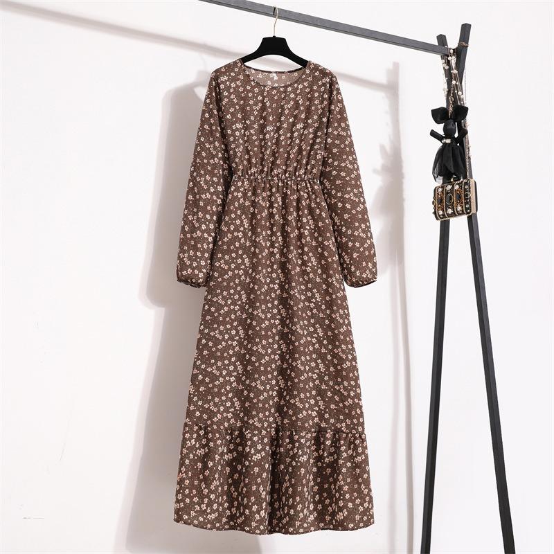 Fashion Long Sleeve Floral Printed Chiffon Dress Women Elegant Loose A-line Casual Long Dress Female High Waist Ruffled Office Lady Dress 1030