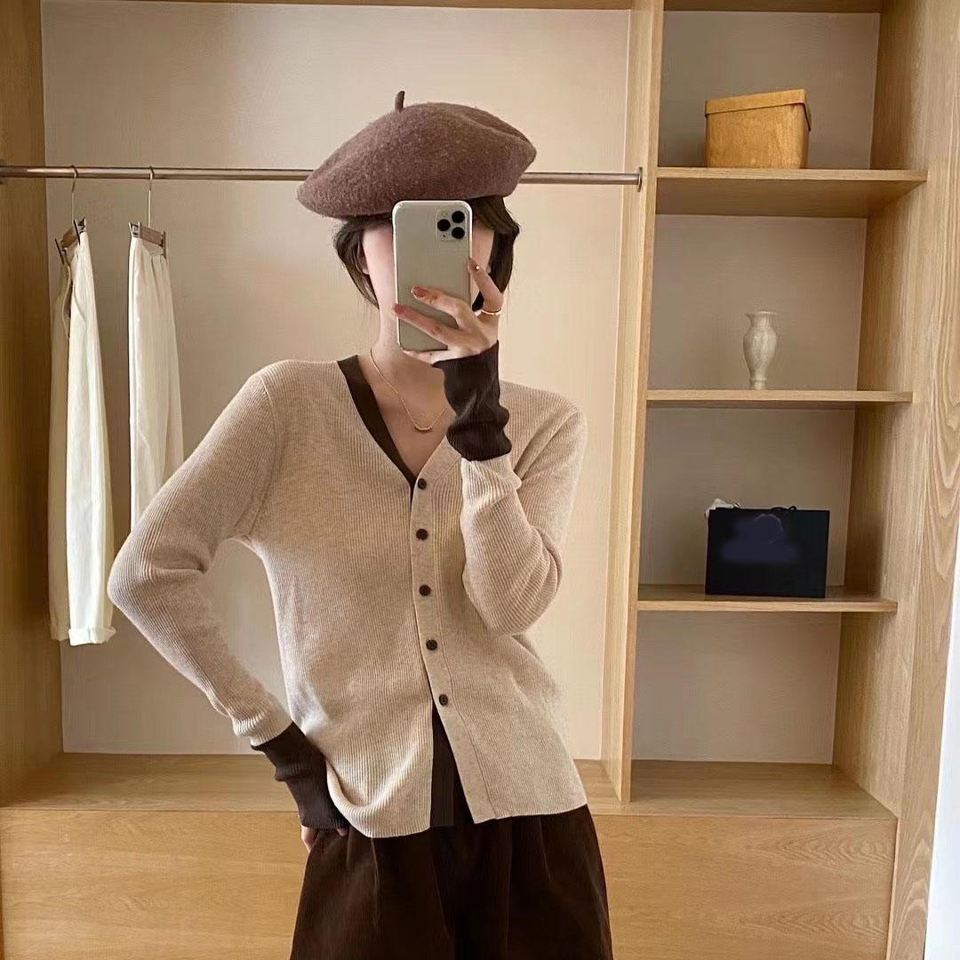 

Весна Осень Вязаный Кардиган Девочки Лоскутный Длинный Рукав Свитер Кардиган Топ Женщин Контрастные Цвета Трикотажные Рубашки One Size абрикосовый