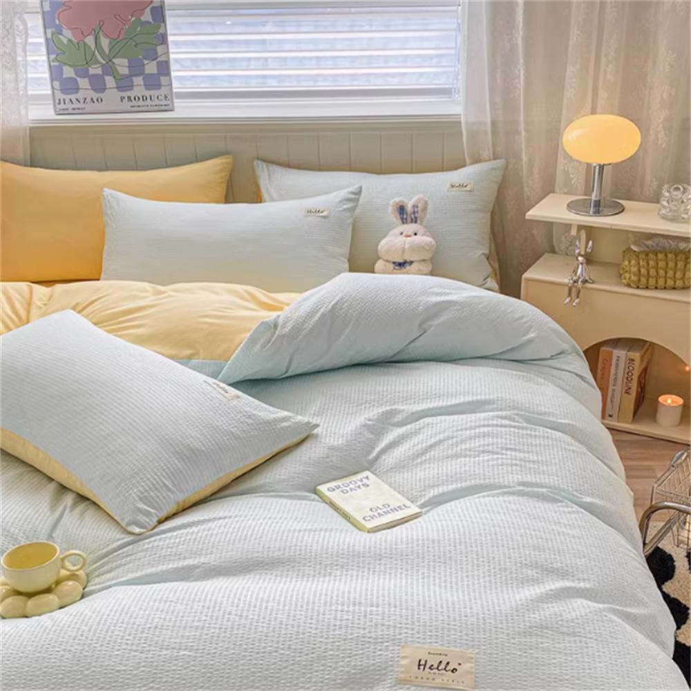 Waffle Washed Cotton Four Piece Set, Non All Cotton Bedding, Pure Cotton Bedding, Student Dormitory Bed Sheets Duvet Cover Set