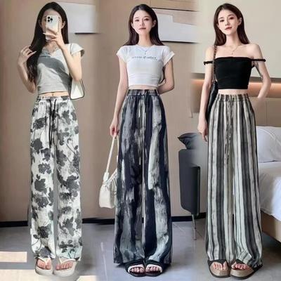 Pantalon Large Tie-Dye Encre Lavée Taille Haute pour Femmes en Soie Glacée 2025