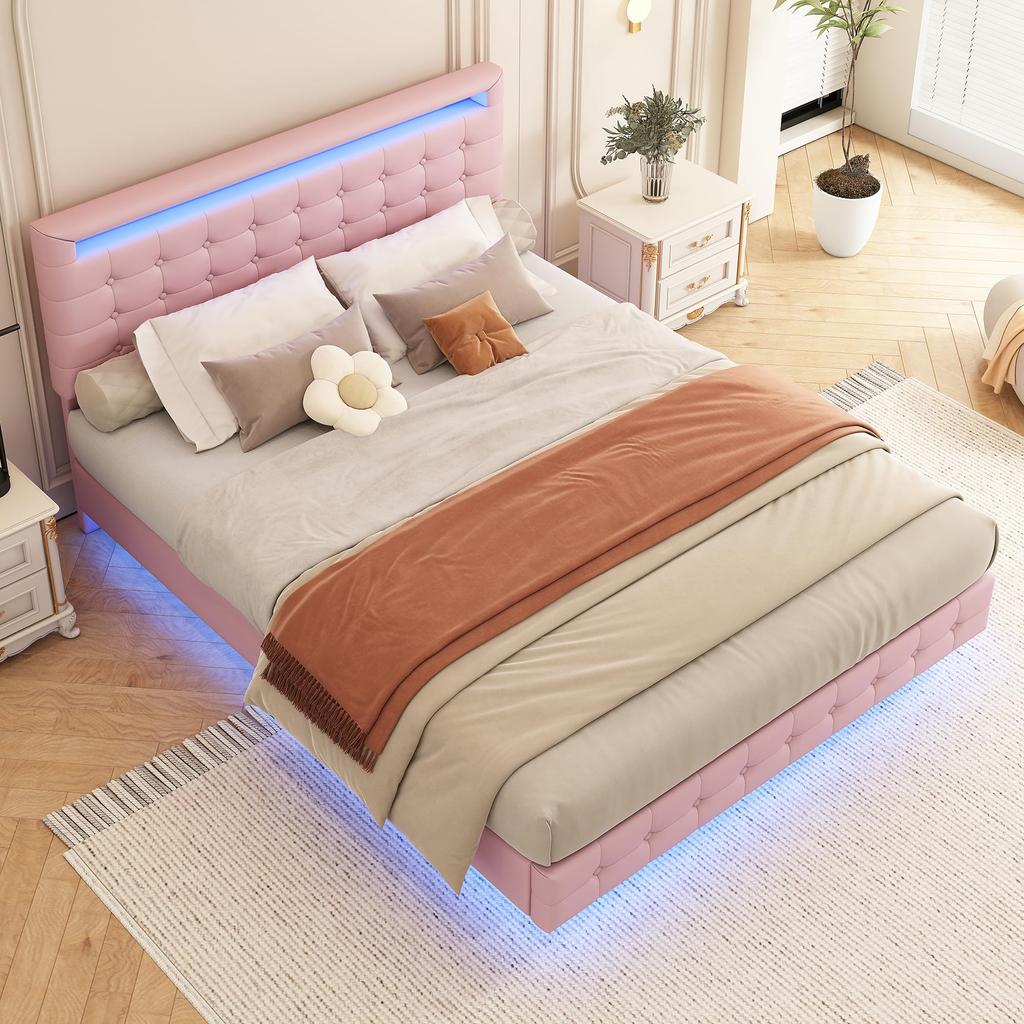 Upholstered Bed 140x200cm with LED Ambient Light, with Height-adjustable Headboard and 24-button Remote Control, Without Mattress