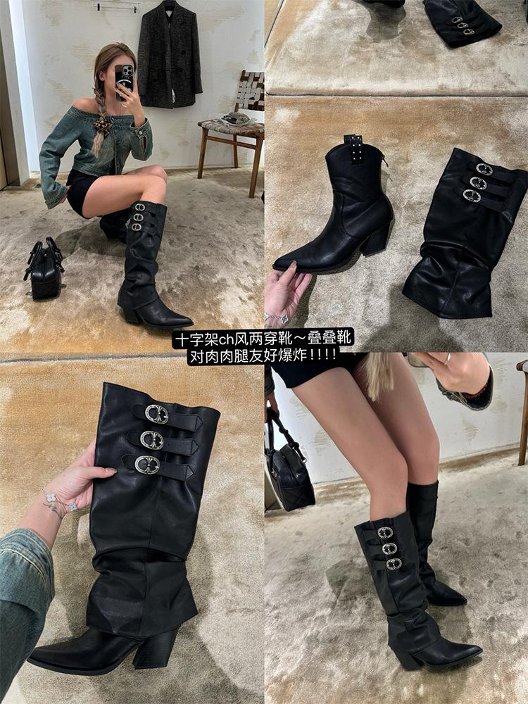 Cowhide version Two-wear pleated stacked boots women s retro trousers western cowboy but knee boots Maillard 35 8673₽