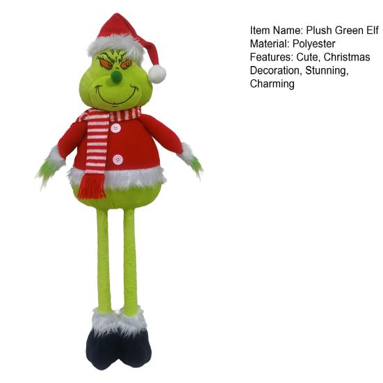 Christmas Party Supplies Green Elf Plush Toy, Soft Stuffed Animal Doll with Retractable Long Leg for Holiday Home Fireplace Mantel Decor Gift Friends