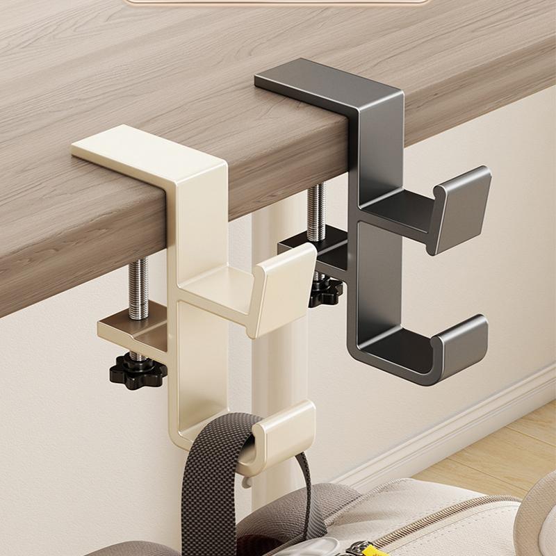 No Drill Desk Organizer Hook Durable Aluminum Alloy Double Hook For Hanging Backpacks Tote Bags And Accessories