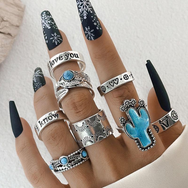 European and American Ethnic Style Carved Feather turquoise Ring Retro Personality Ring Set Combination Ring Set