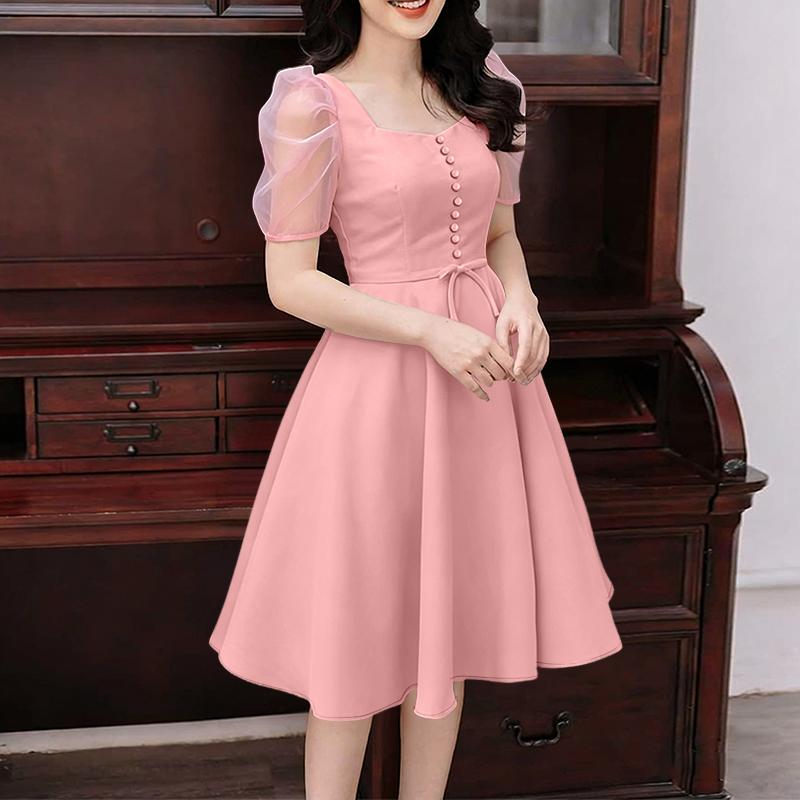 ZANZEA Women Casual Square Collar Splice Short Sleeve Elegant Dress