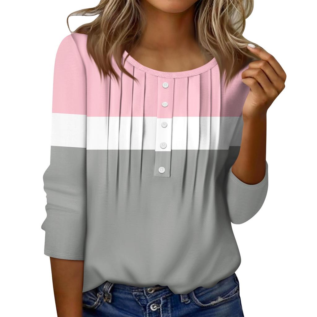 Women's Round Neck Pull Stripe Decorative Button Top Casual Solid Color 3/4 Sleeve T Shirt