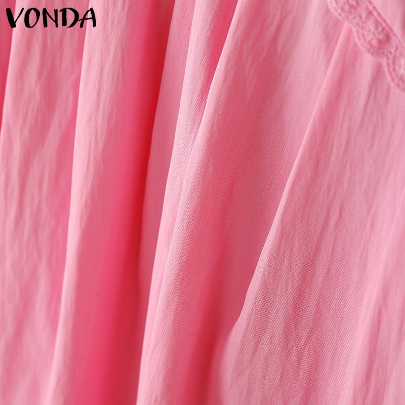VONDA Women Summer O-neck Short Sleeve Lace Hem Casual Ruffled Blouse