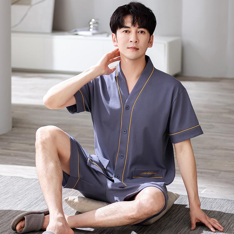 

Мужская пижама, летнее ночное белье из хлопка, рубашка с короткими рукавами и шорты, однотонная повседневная домашняя одежда, кимоно с V-образным вырезом L for 50-60kg
