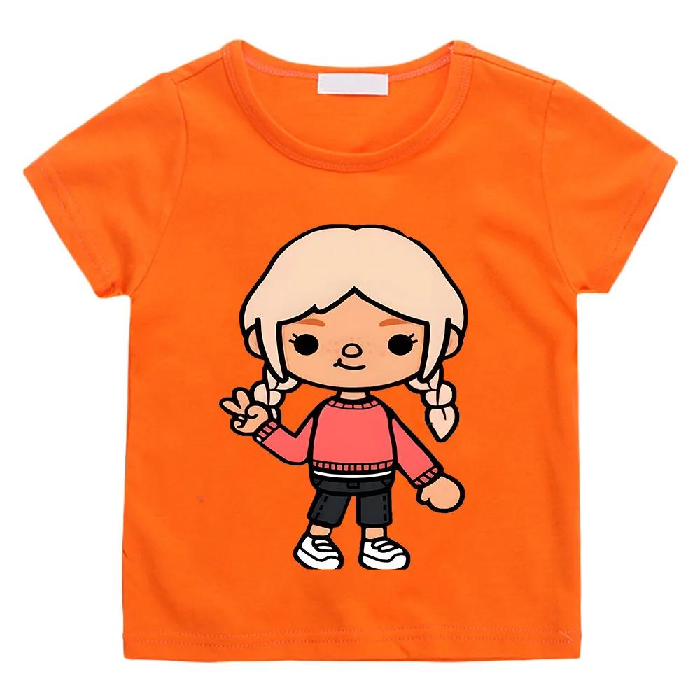 

2025 Футболки для малышей и детей с мультяшным принтом Toca Life World, детские аниме летние смешные футболки, топы в стиле харадзюку манга с коротким рукавом для мальчиков/девочек 100 оранжевый