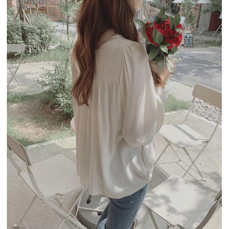 Spring and summer pullover gray long-sleeved cotton other sources temperament commuter lantern sleeves solid color round neck chiffon shirt