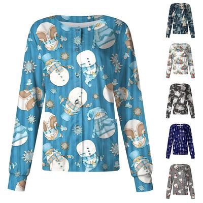 Women Long Sleeve Christmas Print Pattern Pocket Working Stand-up Collar Single-breasted Protective Overalls Cardigan Jacket Top