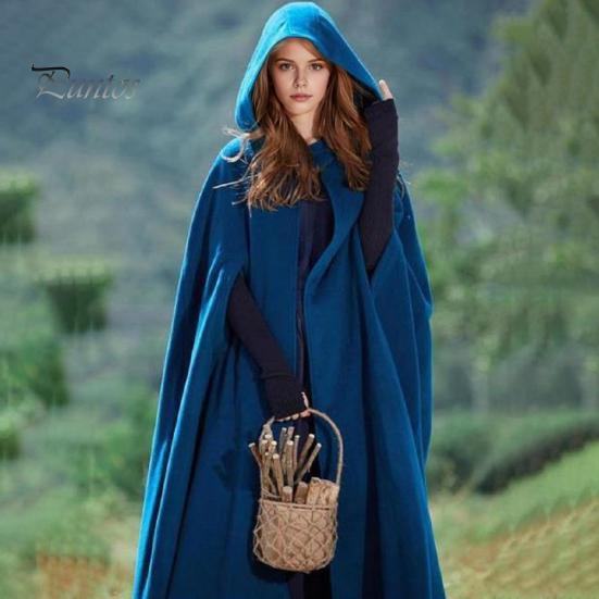 Winter Women Jacket with Hood Medieval Retro Cape Gothic Keep Warm Shawl Ankle Length Loose Cloak Thick Single-Button Closure Outdoor Poncho Pirate
