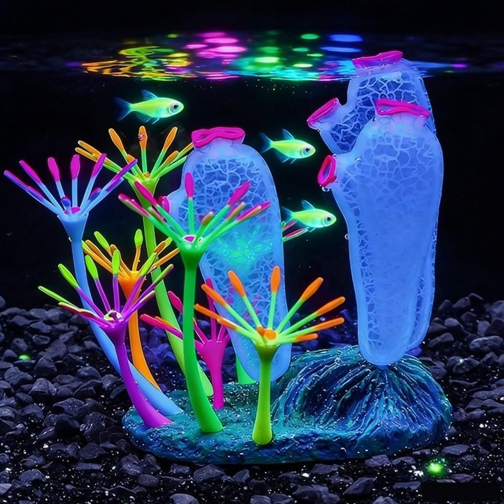 Ornamento de Coral Polegar Simulado Silicone Colorido Brilhante Coral Plantas Artificiais Fluorescência Paisagem Aquática