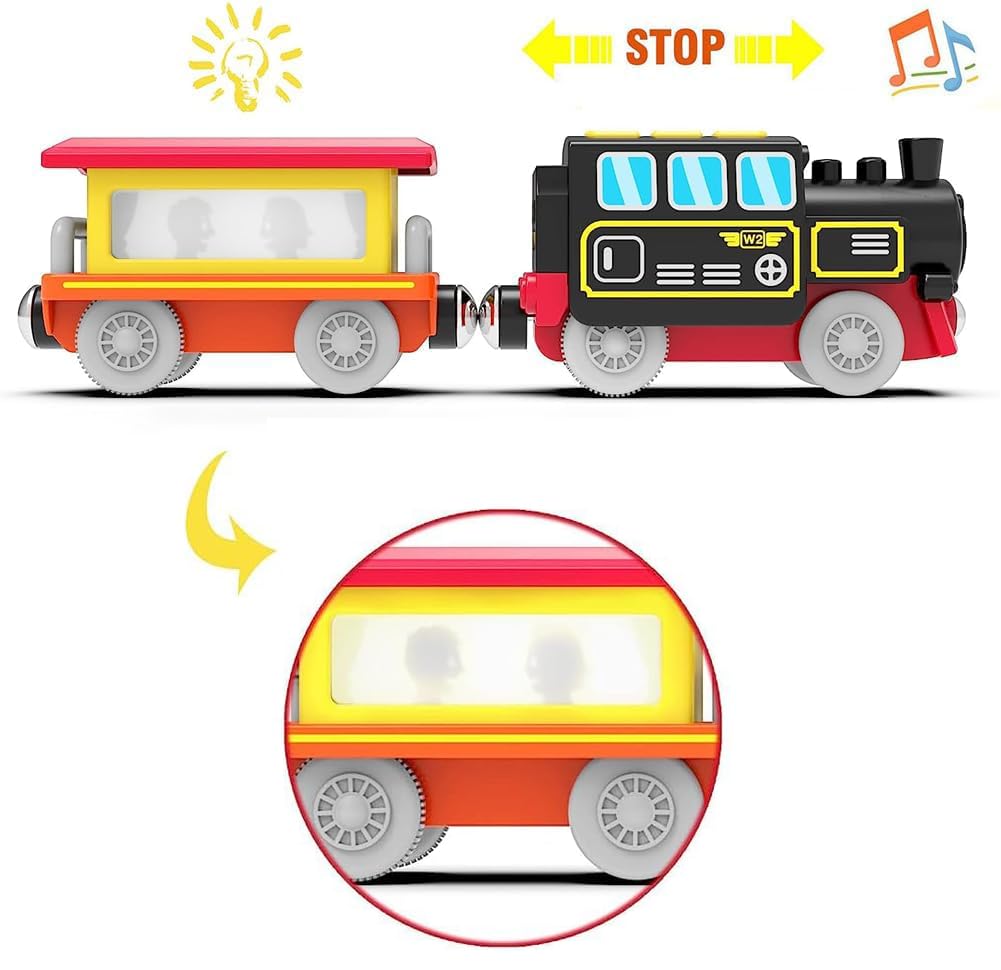 TOPLIVING Wooden Train Track Accessories Battery-Operated Locomotive with Magnetic Connection Compatible with Thomas, Brio, and Chuggington