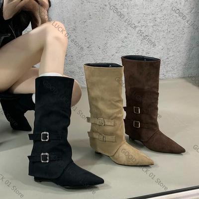 Mode 2025 Vintage Suède Dames Broekspijpen Laarzen Mode Riemgesp Instapschoenen Herfst Winter Sleehak Dames Lange Booties