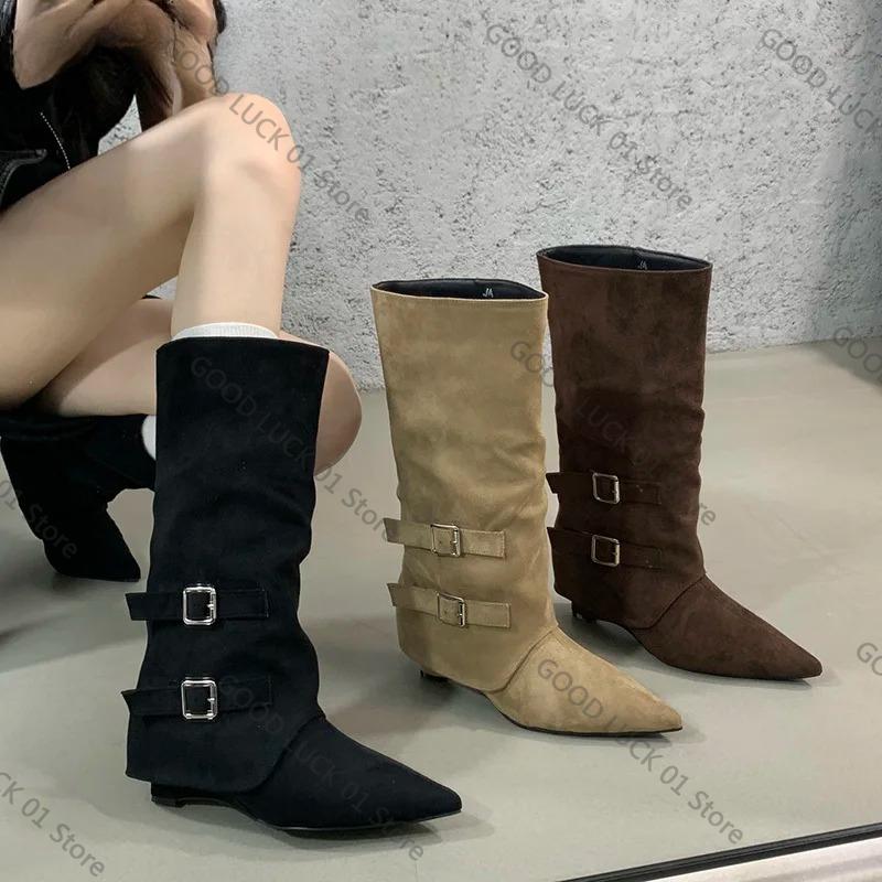Fashion 2025 Vintage Suede Women Trouser Legs Boots Fashion Belt Buckle Slip On Shoes Autumn Winter Wedges Heel Ladies Long Booties