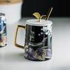 Golden Edged Ceramic Mug Spoon Lid Flower Bird Breakfast Cup Large Capacity Water Cups Coffee Cup Milk Tea Cups Flower Tea Mug