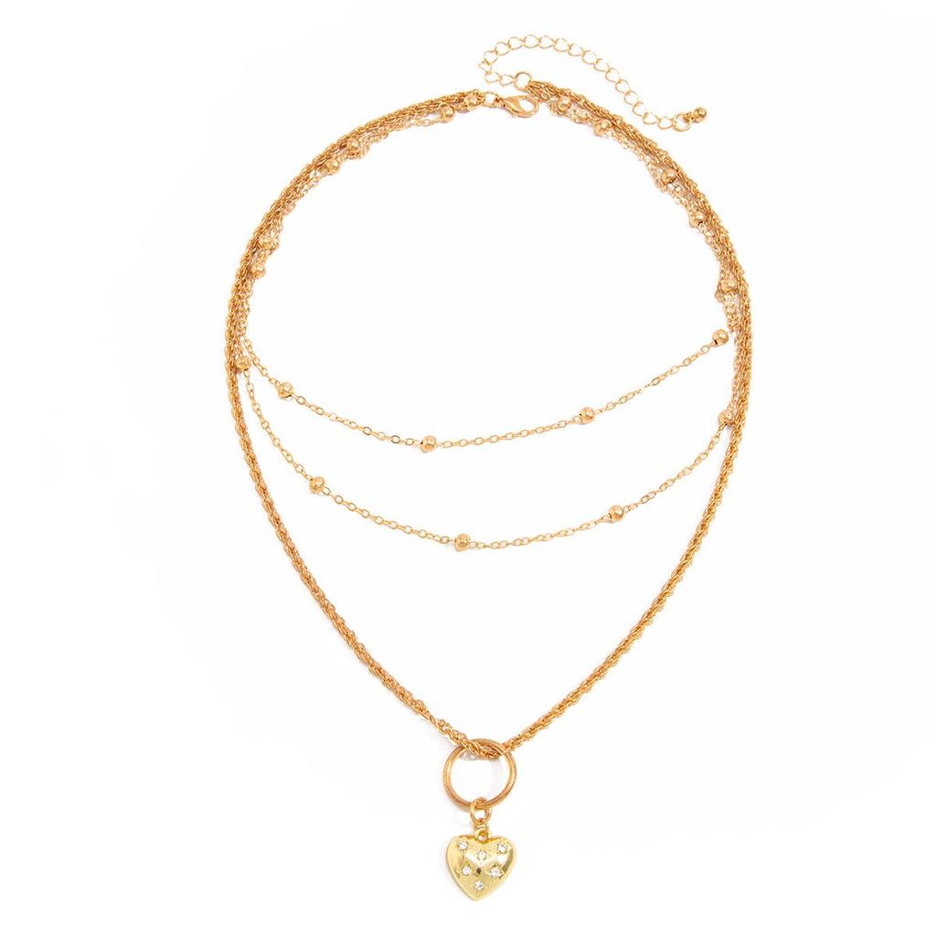 Retro Multi-layer Beaded Necklace with Heart-shaped Rhinestone