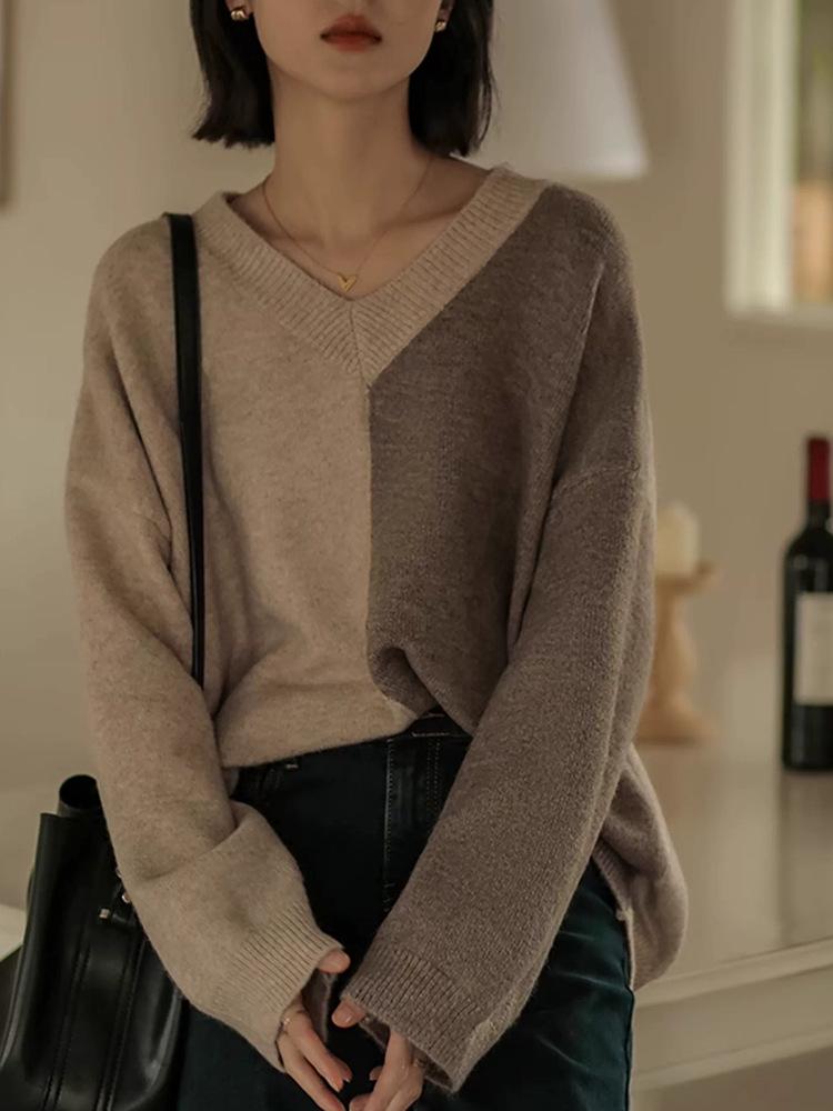 European Chic V-Neck Color Block Pure Wool Women's Sweater, Autumn Winter Loose Knit Pullover.