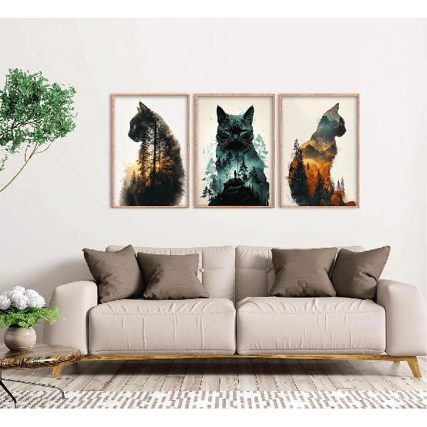 Funny Animals Canvas Wall Art Cute Black Cat and Forest Theme Pictures Wall Decor Abstract Sunset Mounta Nature Landscape Poster Painting Prints