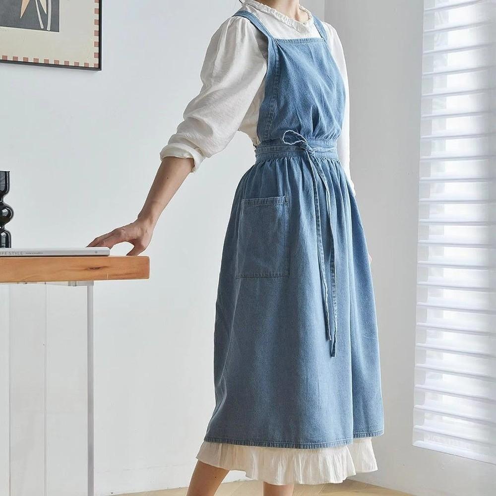 Cotton Vintage Denim Apron Stain-Resistant Cooking Apron Portable Cross Back Apron  Grilling