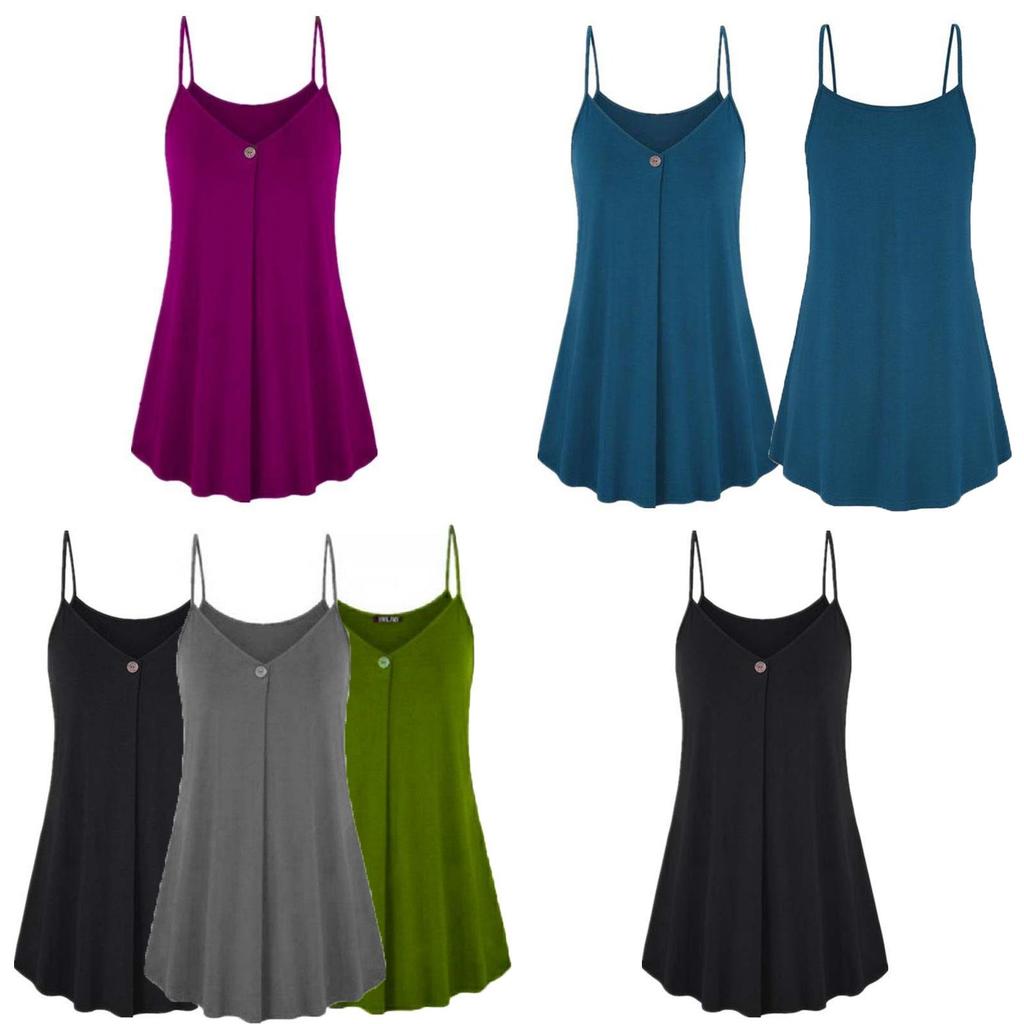 Elegant Women's Fashion Summer Plus V-neck Sleeveless Button Loose Hem T Shirt