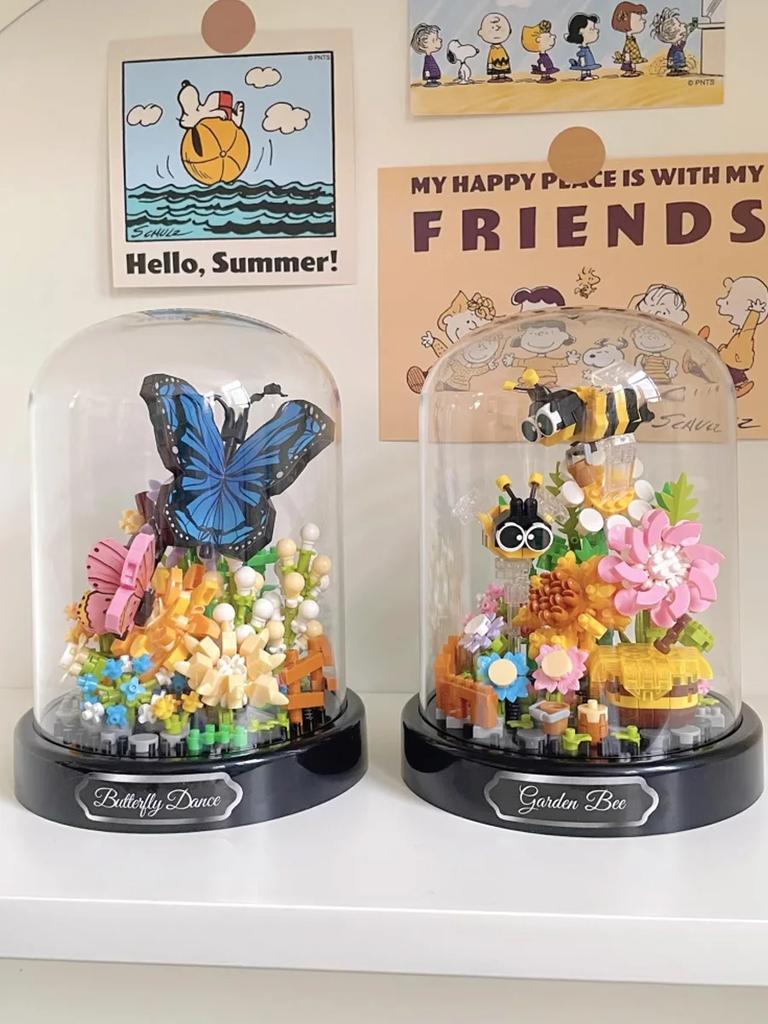 Bee Butterfly Flower Bonsai Stavební bloky Hmyz Rostlina Model v květináči Kostky s krytem proti prachu Dětská hračka pro kutily Vánoční dárek