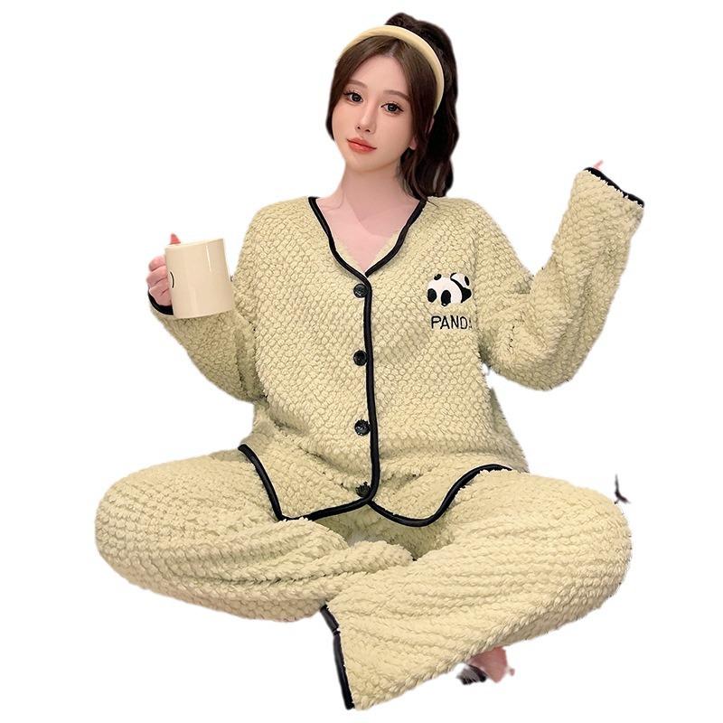 Pajama damska z różowego aksamitu flanelowego w dużym rozmiarze - Uroczy i ciepły kardigan na jesień/zimę