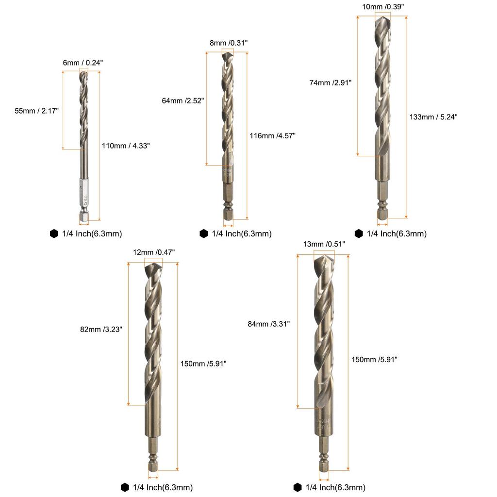 Uxcell M35 High Speed Steel Cobalt Twist Drill Bit Set Quick Change Hex Shank Jobber Drill Bits for Zinc Alloy 6/8/10/12/13mm, 1/4" Metal, Steel,