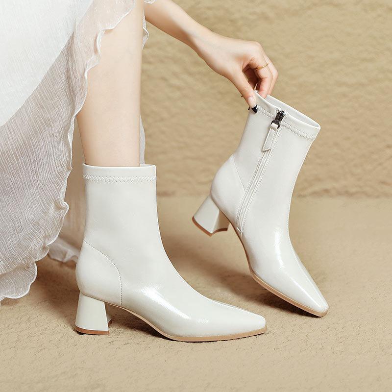 High-heeled short boots women's 2025 autumn and winter new pointed thick-heeled thin boots women's leather boots white French medium boots