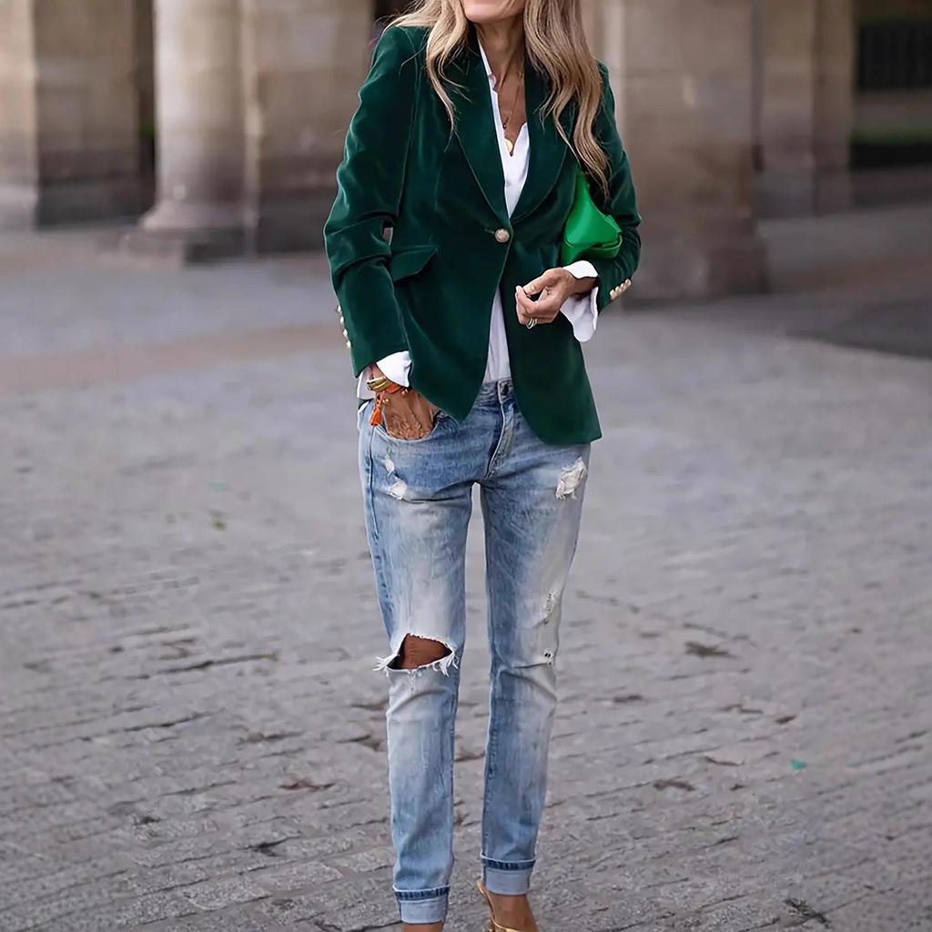 Women's Solid Color Velvet Notched Lapel Single‑Button Long Sleeve Slim Fit Blazer Jacket