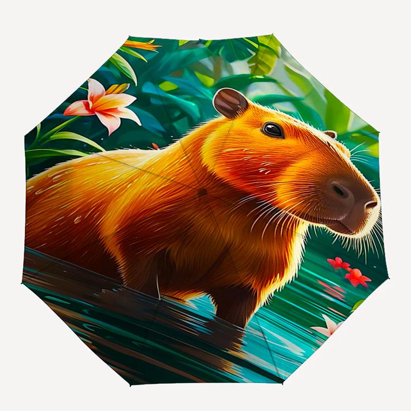 Capybara Themed Travel Umbrella-8 Ribs Automatic Opening and Closing, Portable Folding Design, Compact and Stylish Umbrella Suitable for Out
