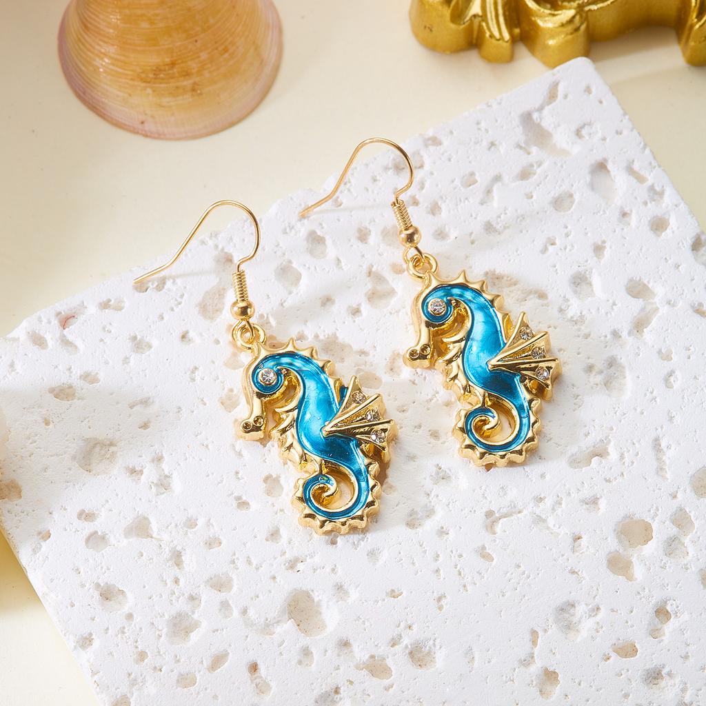 Vacation Style Shiny Rhinestone Seahorse Drop Earrings For Women Crystal Zircon Enamel Sea Animal Seahorse Earring Ocean Jewelry