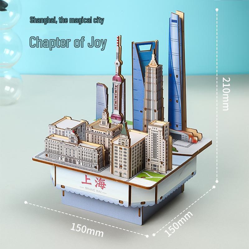 DIY 3D Shanghai City Wooden Music Box Puzzle