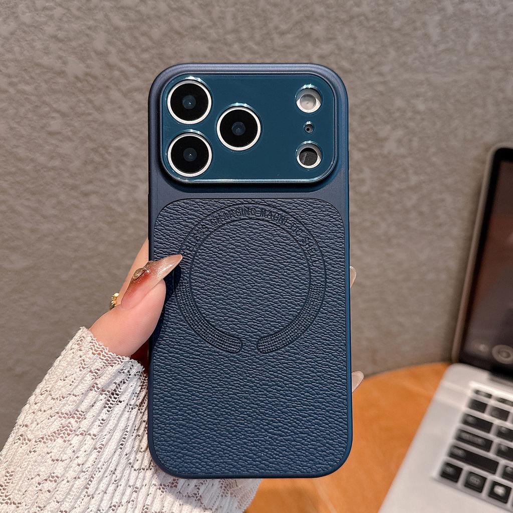 For iPhone 17 Pro Magnetic Back Cover Precise Cutouts Textured PU Leather Coated TPU + PC Protective Phone Case Compatible with MagSafe