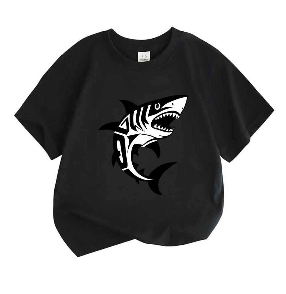 Kids Boys Girls 100% Cotton Crew Neck Short Sleeve T-Shirt, Cool Tribal Style Great White Shark Print Casual Summer Tees for Little Children Daily Wea