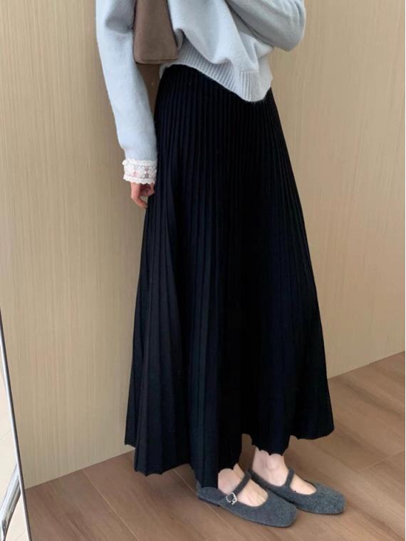 2025 Winter Women's High-Waisted Pleated Knitted Midi Skirt - Korean Style, Casual, Thickened, Slimming Design