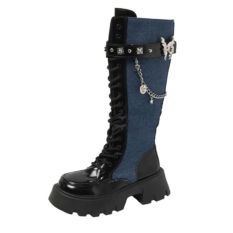 Fashion Butterfly Metal Chain Boots Women's Round Toe Colorblock Front Lace-Up Side Zipper Platform Block Heel Tall Single Boots