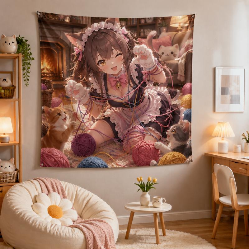 Cute Cat Maid Anime Wall Tapestry Sweet Pastel Style Teen Room Dorm Gaming Room Living Room Hanging Cloth Decor
