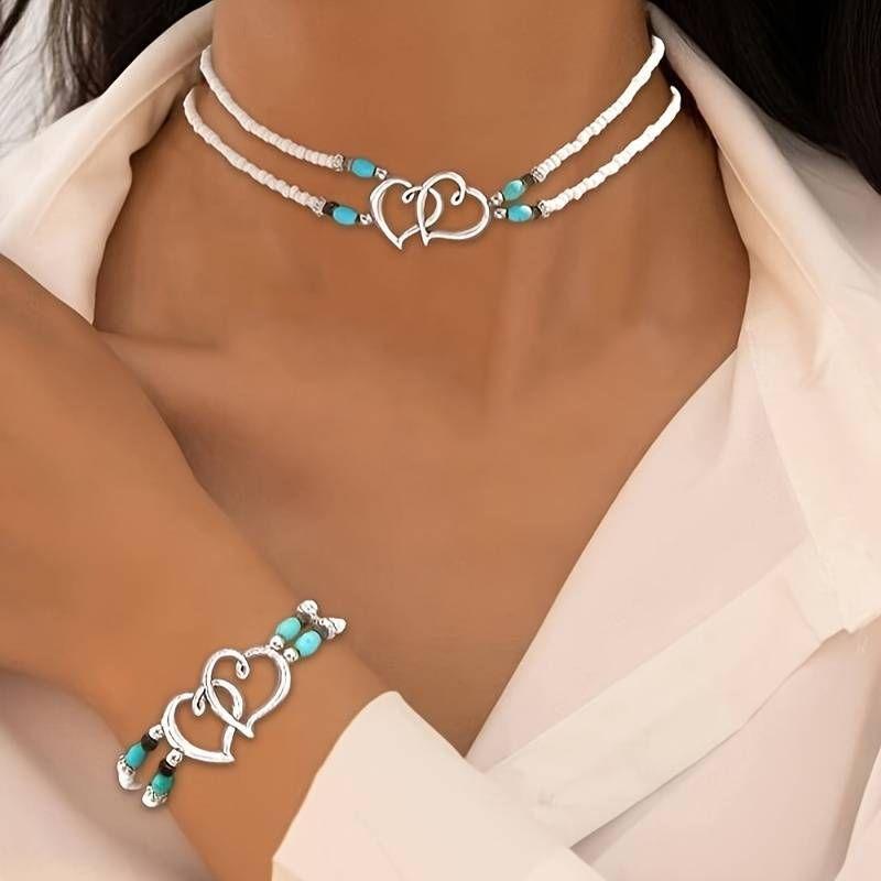 

Bohemian Double Heart Necklace Bracelet Set,with White Beads And Turquoise, Perfect for Beach Parties Holiday Gift белый