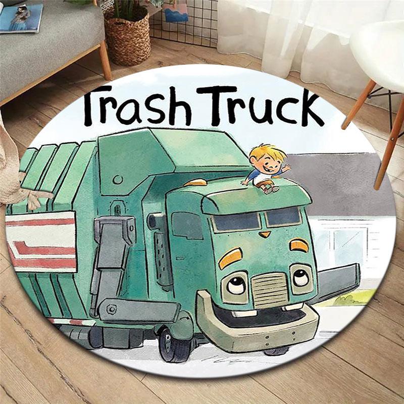 Trash Truck Round Area Rug,Carpet Rug for Living Room Bedroom Sofa Playroom Decor,Non-slip Floor Mat