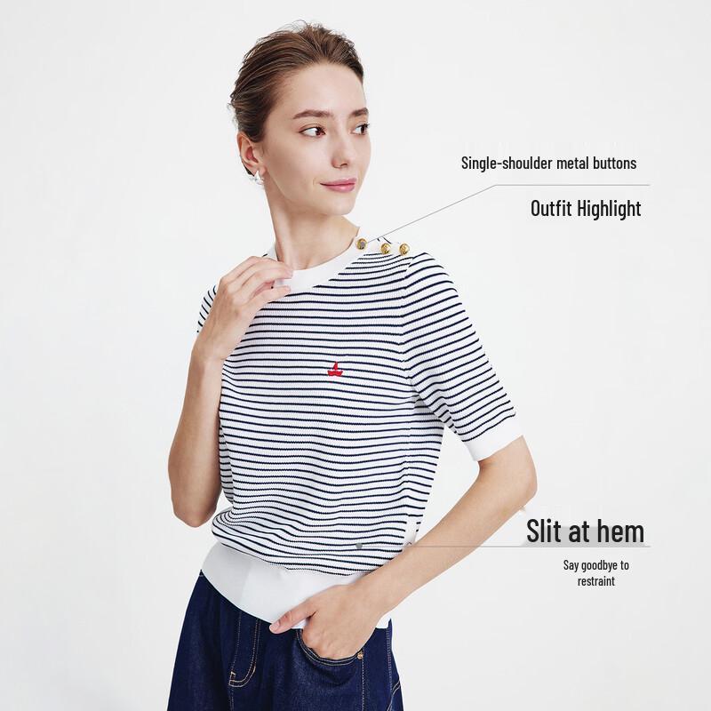 Navigare Women's Textured Striped Knit Short Sleeve T-Shirt